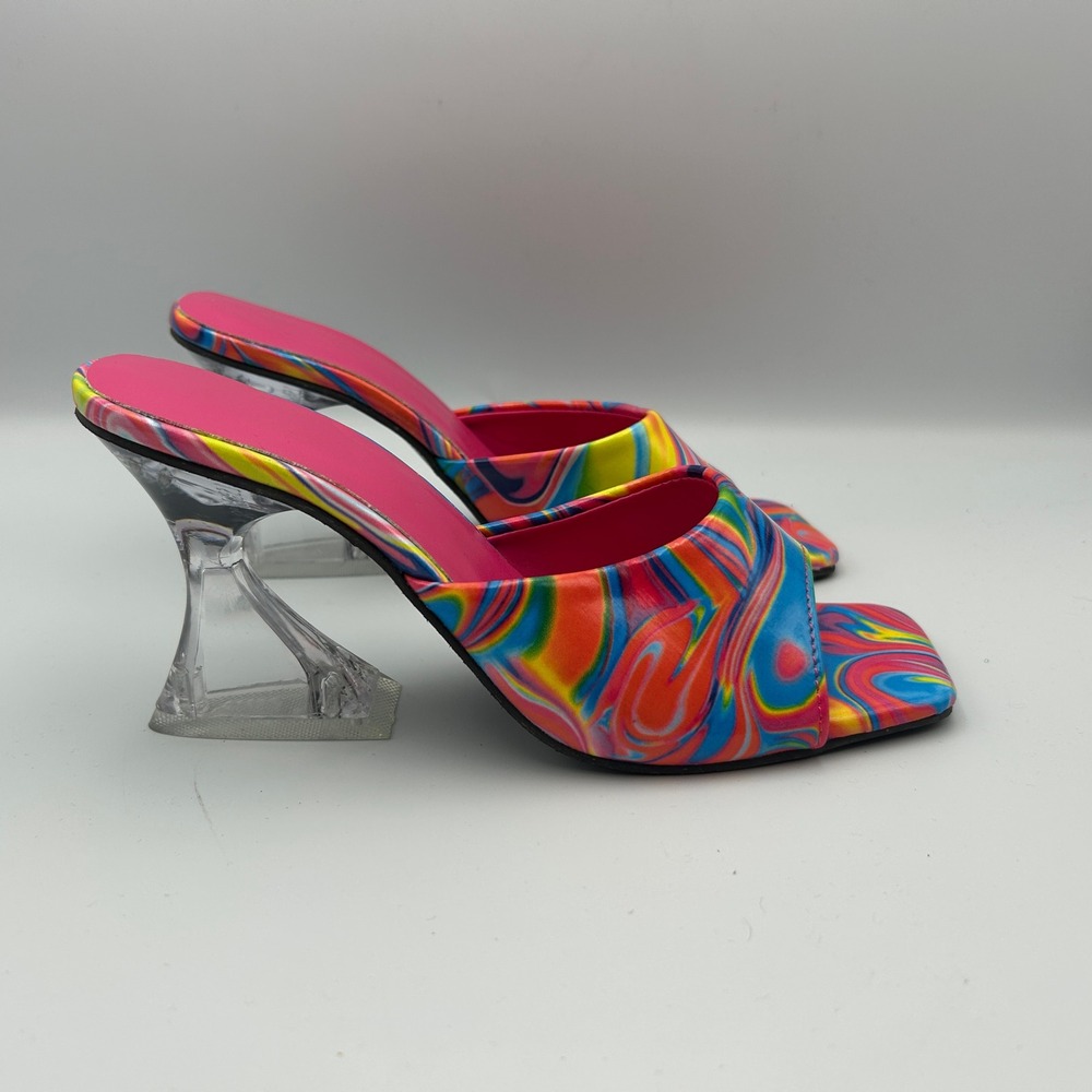 Retro Tie Dye Swirl Hippie Shoes Sandal Clear Slip on Glass Heel Size 38 7.5